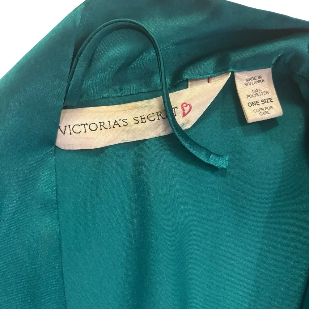Vintage Victoria's Secret Gold Label Teal Jewel Green Satin Floral Robe Size O/S
